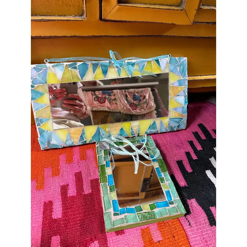 2 Vintage MOSAIC MIRRORS swell colors handmade bohemian green yellow 16x8”,8x6”